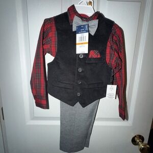 Izod Boys Dress Vest Suit  Size 3 Plaid Charcoal And Red Easter Church Bow NEW